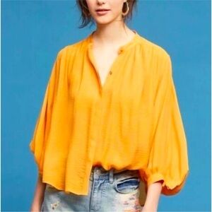 Anthropologie Maeve Bryn Batwing Blouse Button Down SZ Small Gold Orange Yellow
